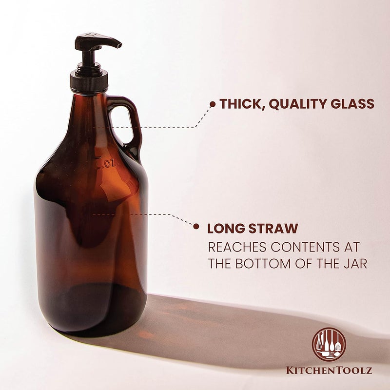 kitchentoolz Half Gallon Glass Pump Dispenser Bottle, Large Jug with Pump for Laundry Soap Dispenser, Liquid Detergent, Fabric Softener, Syrup Pump - 64 oz Capacity - Amber Bottle- Pack of 2, by - Image 4